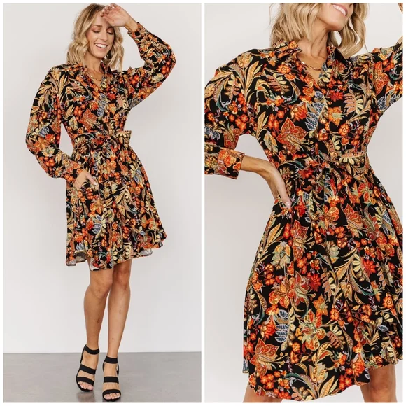 FEW LEFT❗️POLAGRAM Black Floral Long Sleeves Short Dress - Picture 6 of 6